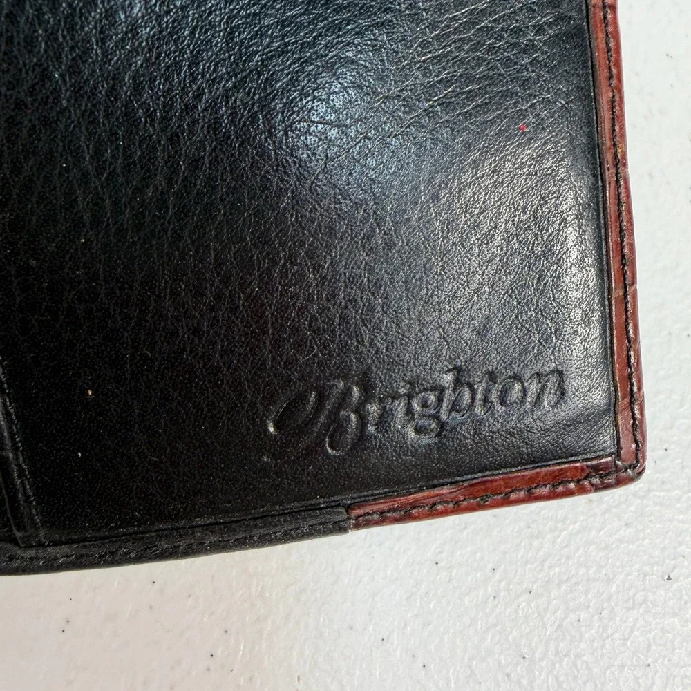 Brighton‎ OS Wallet Tri-Fold Western Heart Braided Croc Leather Black Brown Vtg